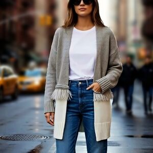 Lumiere Gray And White Fringe At Waist Long Cardigan Size M